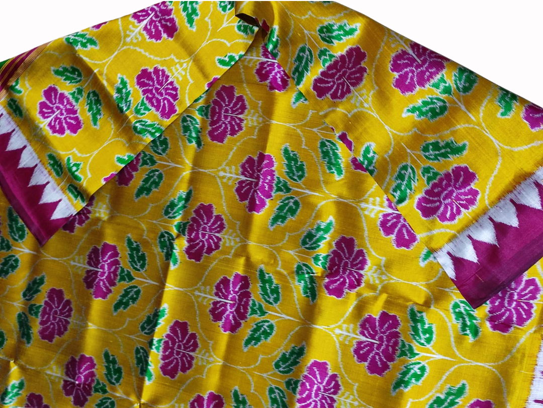 Sambalpuri Handloom Double Ikat Mulberry Silk Saree | Pink Hibiscus Design