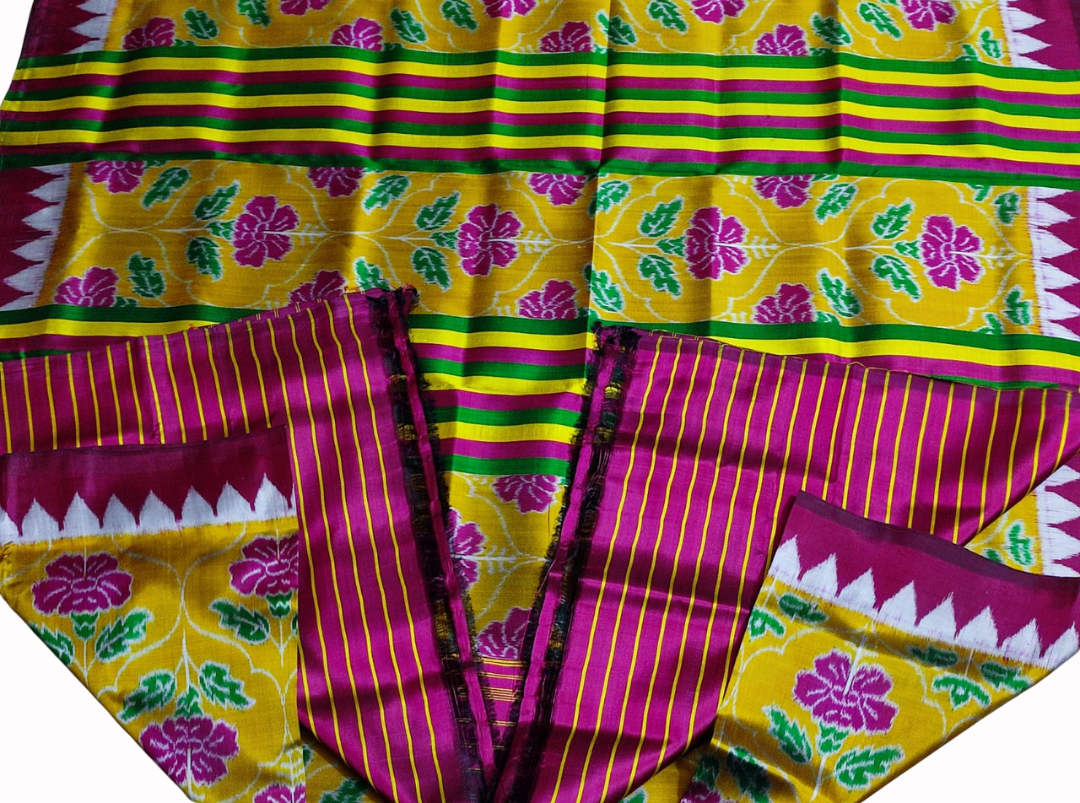 Sambalpuri Handloom Double Ikat Mulberry Silk Saree | Pink Hibiscus Design