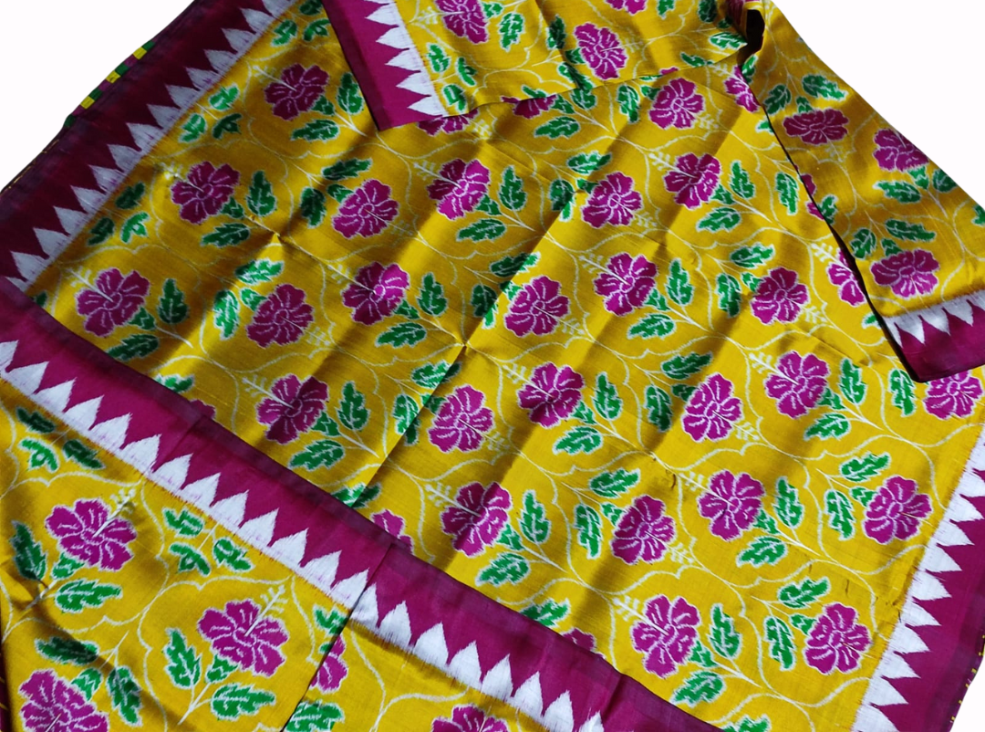 Sambalpuri Handloom Double Ikat Mulberry Silk Saree | Pink Hibiscus Design