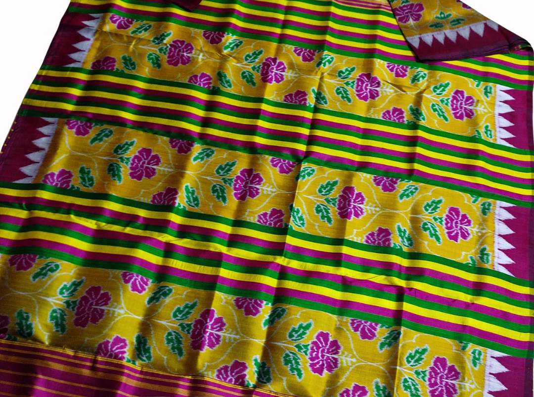 Sambalpuri Handloom Double Ikat Mulberry Silk Saree | Pink Hibiscus Design