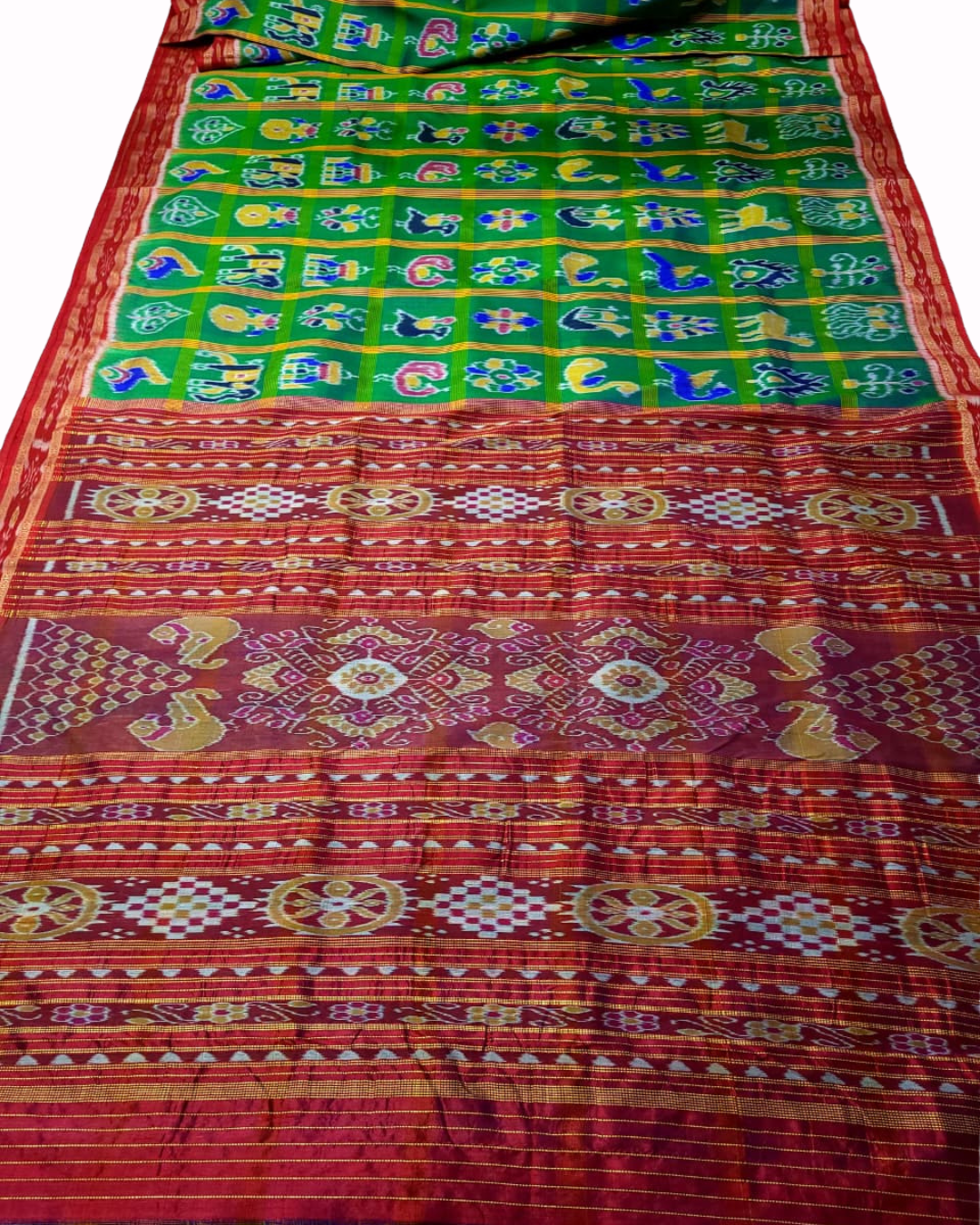 Authentic Vibrant Green Khandua Mulberry Silk Pata Handloom Saree