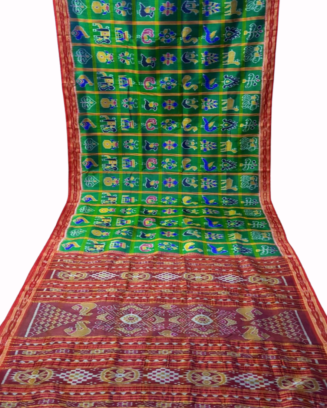 Authentic Vibrant Green Khandua Mulberry Silk Pata Handloom Saree