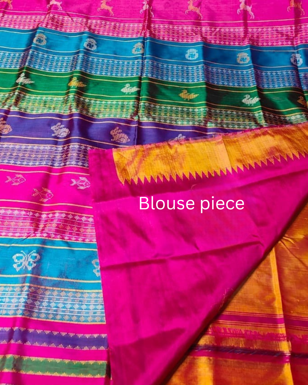 Beautiful Color Combination of Authentic Berhampuri Silk Handloom Saree With Contrast Blouse Piece