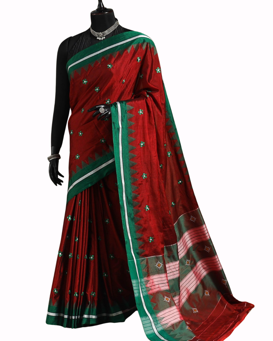 All Over Flower Butta Temple Border Mercerised Cotton Saree – South Indian Elegance