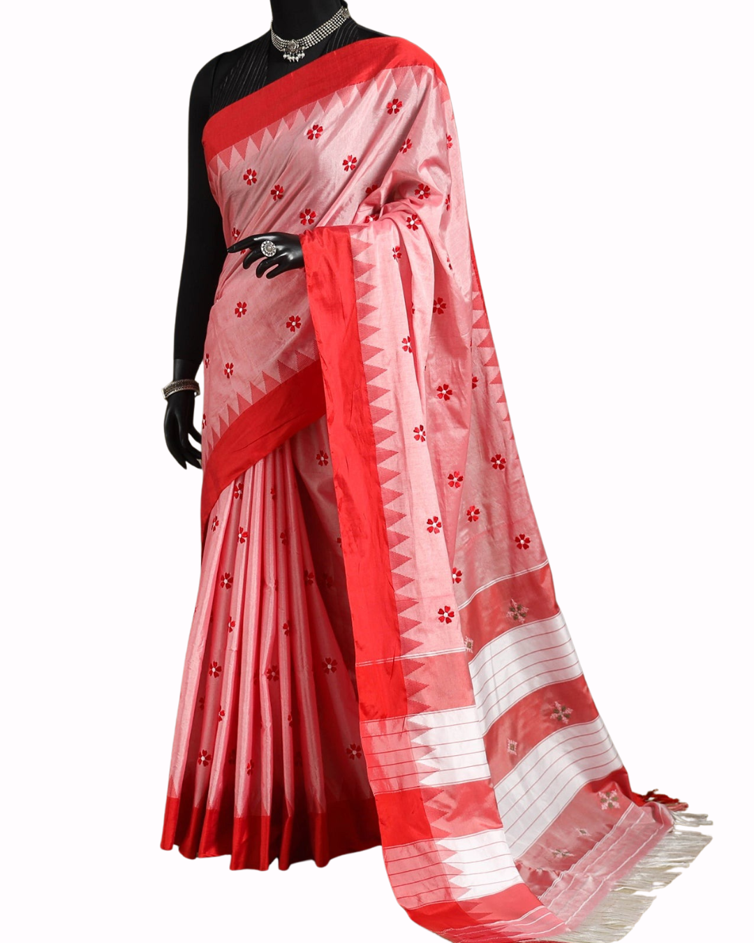 All Over Flower Butta Temple Border Mercerised Cotton Saree – South Indian Elegance