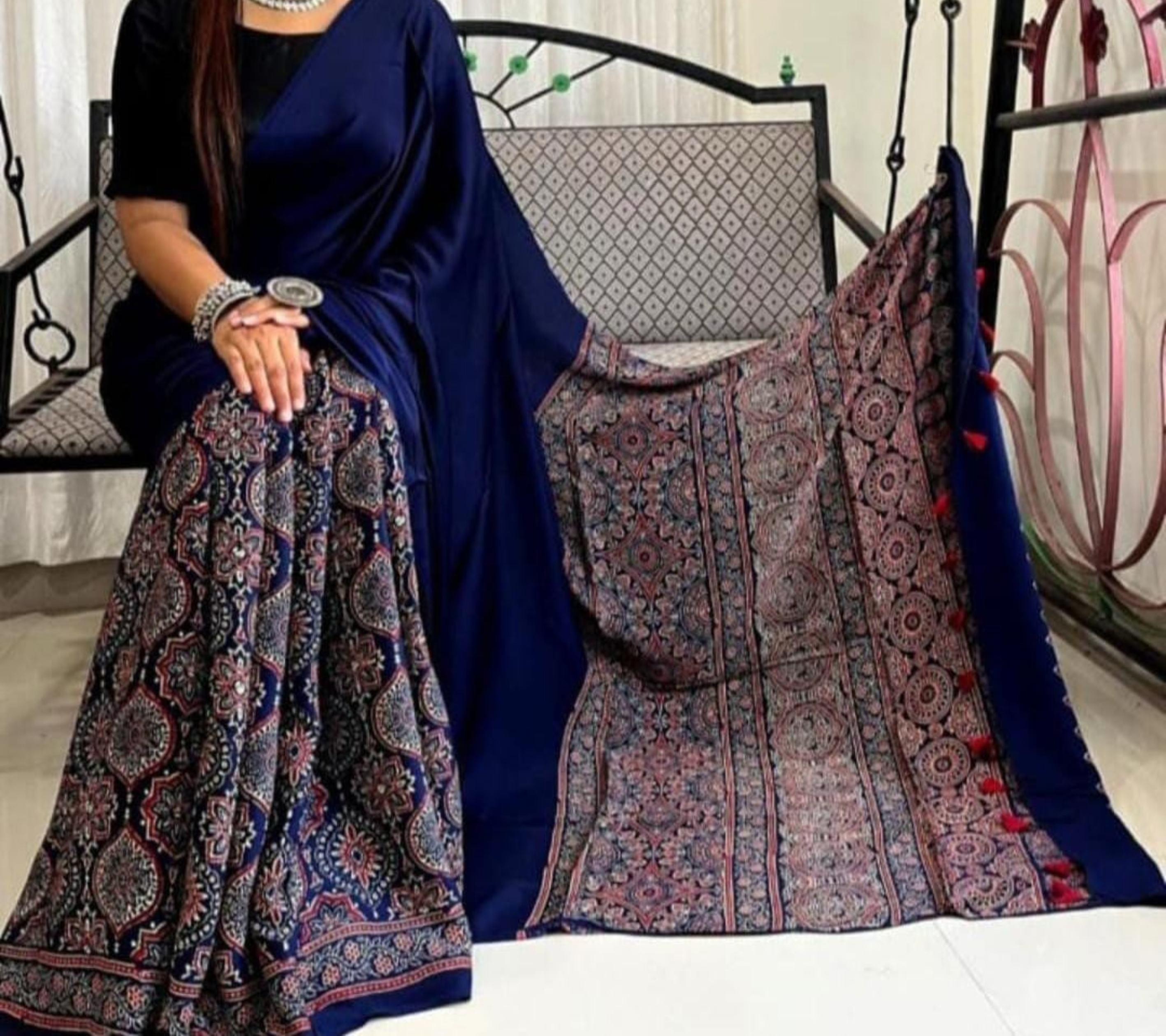 Half and Half Blue Color Pure Modal Silk Authentic Ajrakh Handblock Print Saree