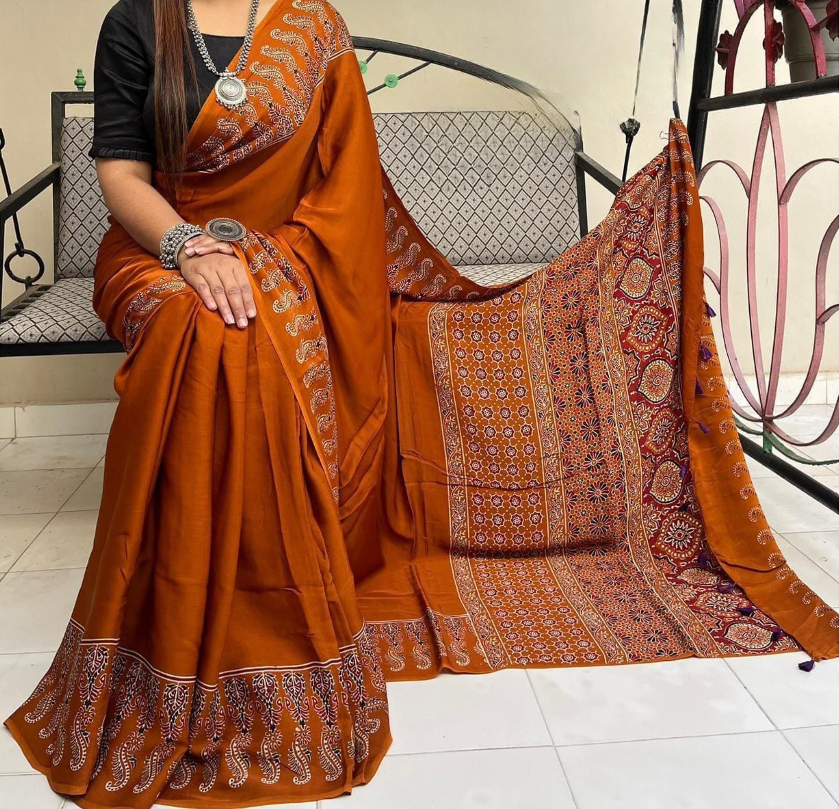 Mustard Color Ajrakh Handblock Print Pure Modal Silk Saree