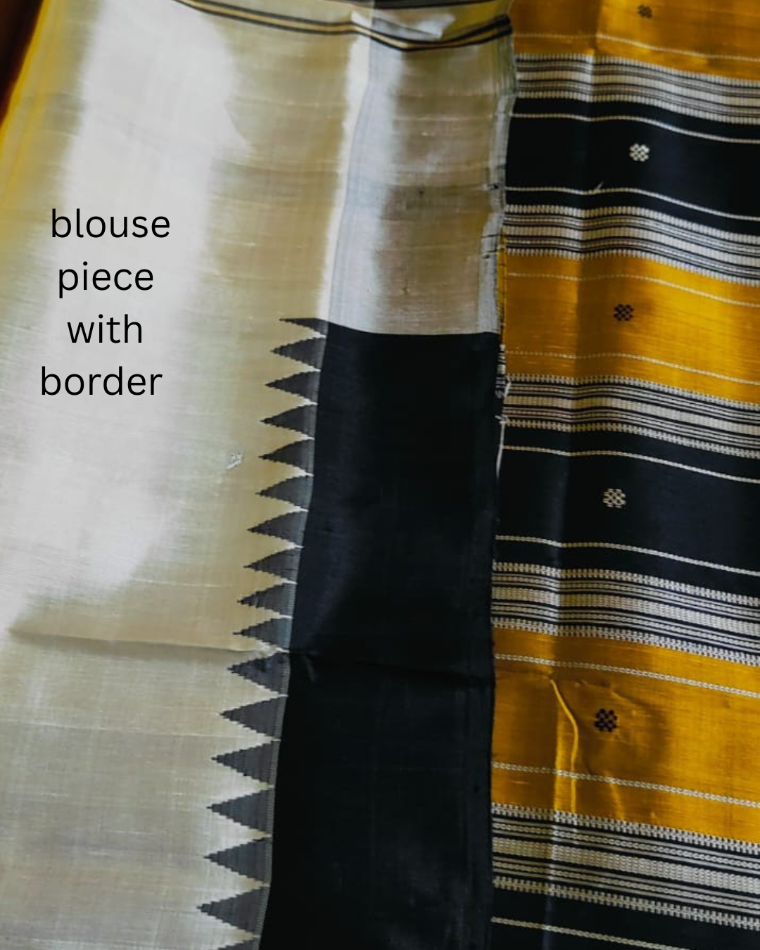 Authentic White Berhampuri Double Palla Silk Saree – Black & Mustard Pallu