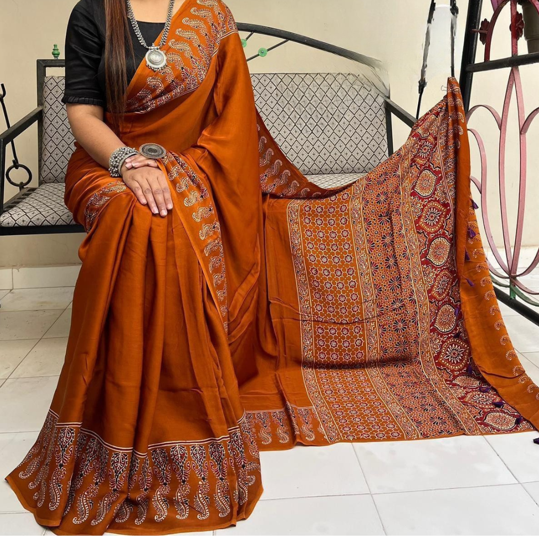 Mustard Ajrakh Modal Silk Saree | Pure Hand Block Printed Natural Dye Saree