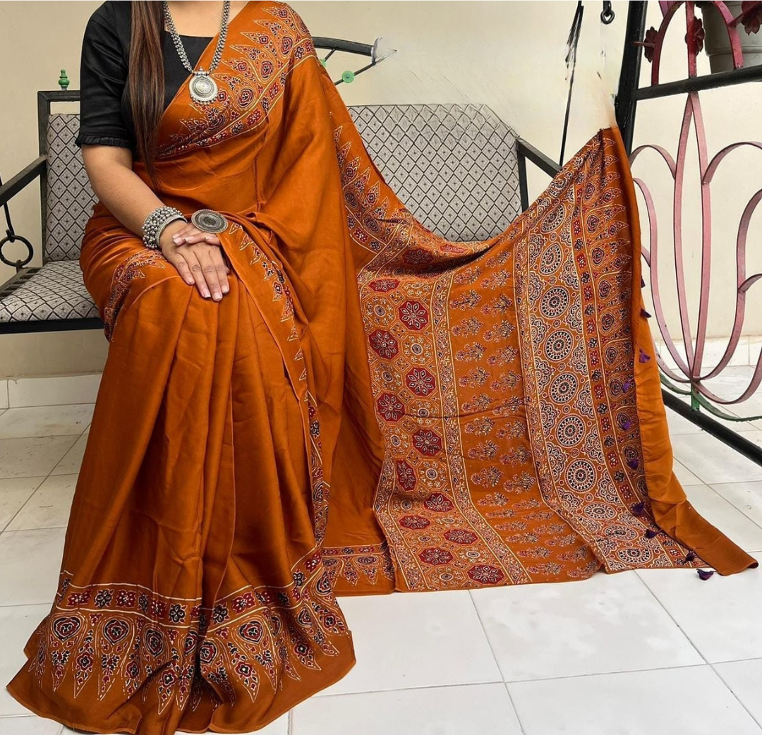 Mustard Ajrakh Modal Silk Saree | Pure Hand Block Printed Natural Dye Saree