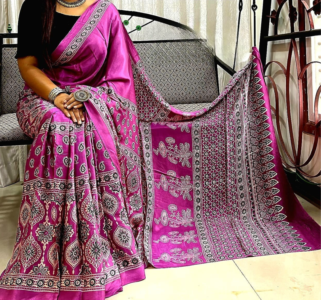 Magenta Ajrakh Modal Silk Saree | Pure Hand Block Printed Natural Dye Saree