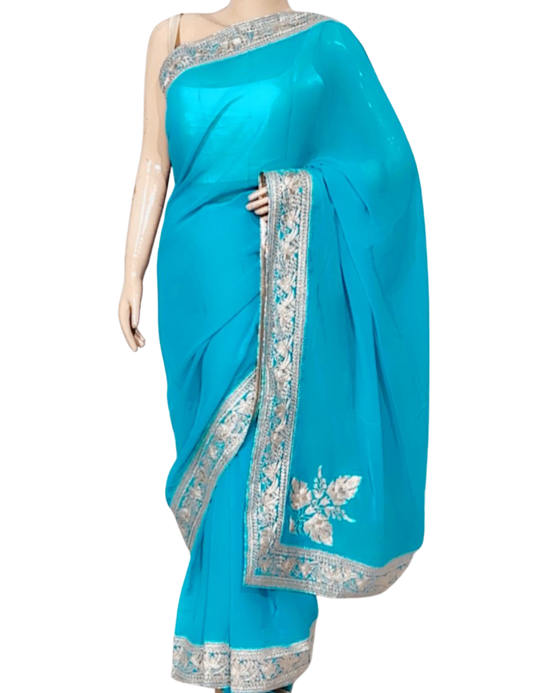 Turquoise Blue Pure Kashmiri Tilla and Aari Work Semi Crepe Saree