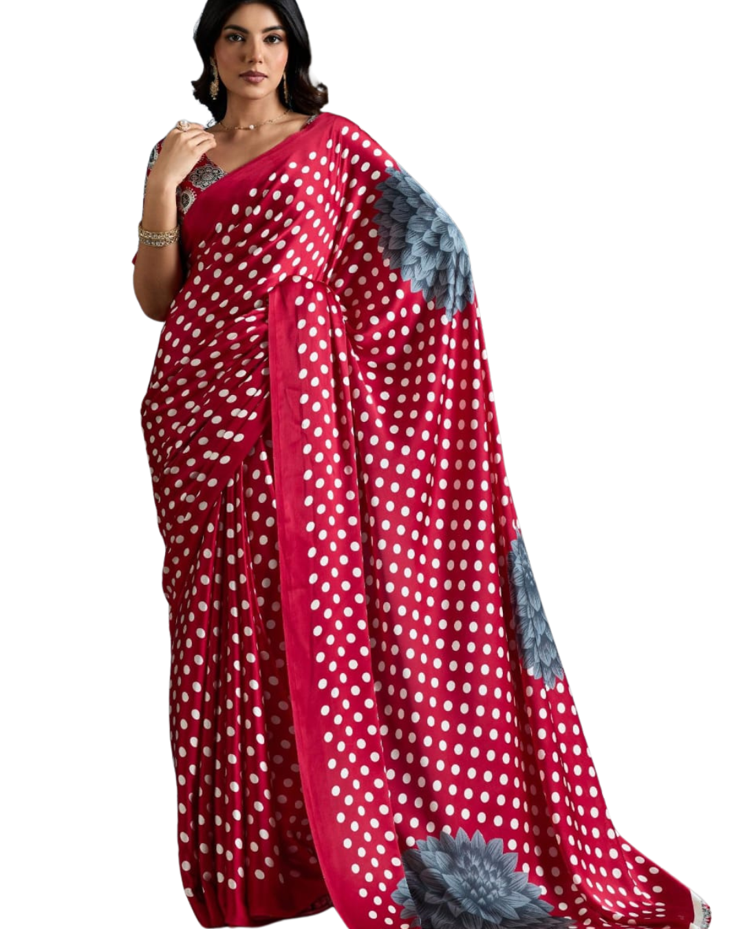 Modal Satin Ajrakh Print Polka Dot Saree