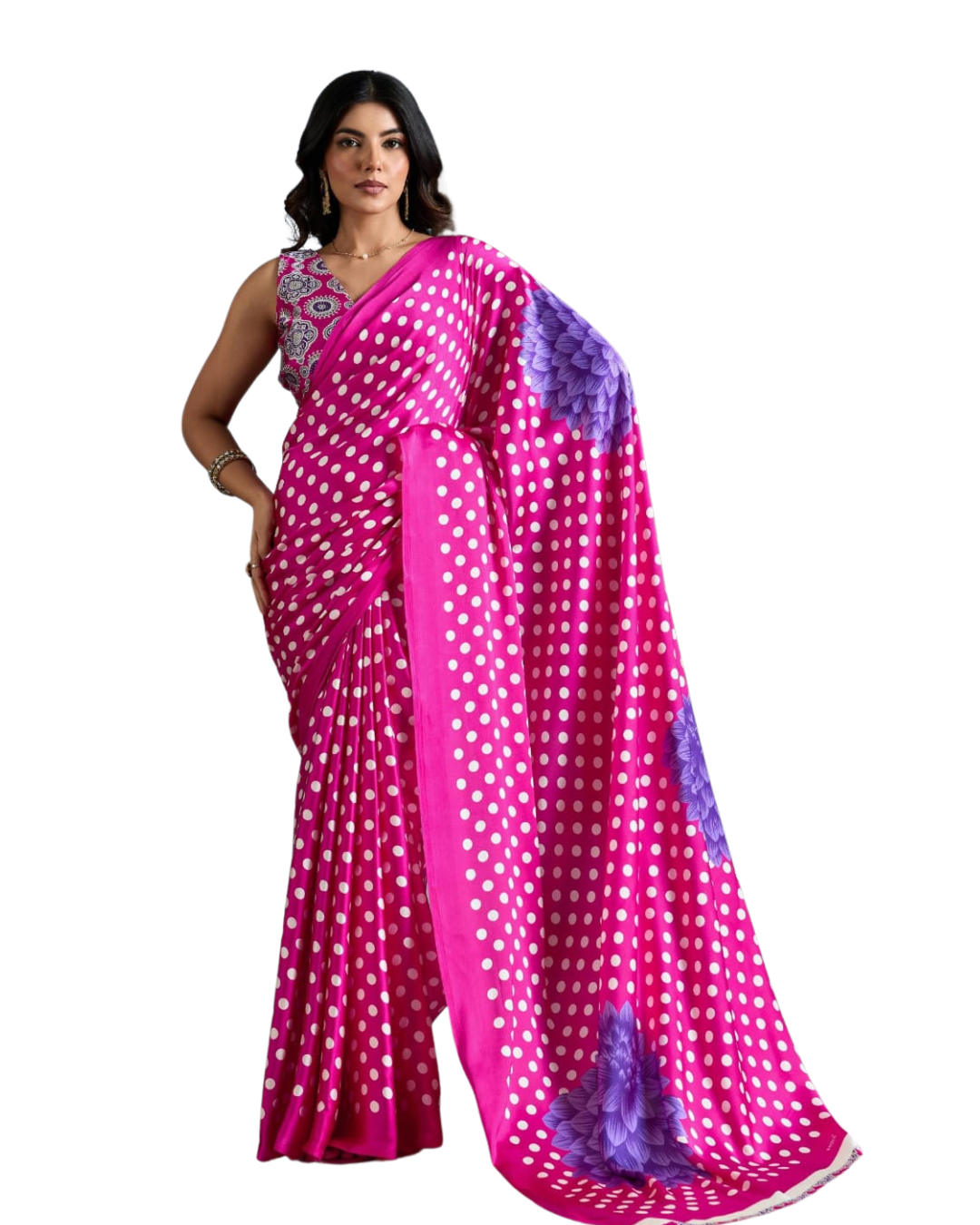 Modal Satin Ajrakh Print Polka Dot Saree