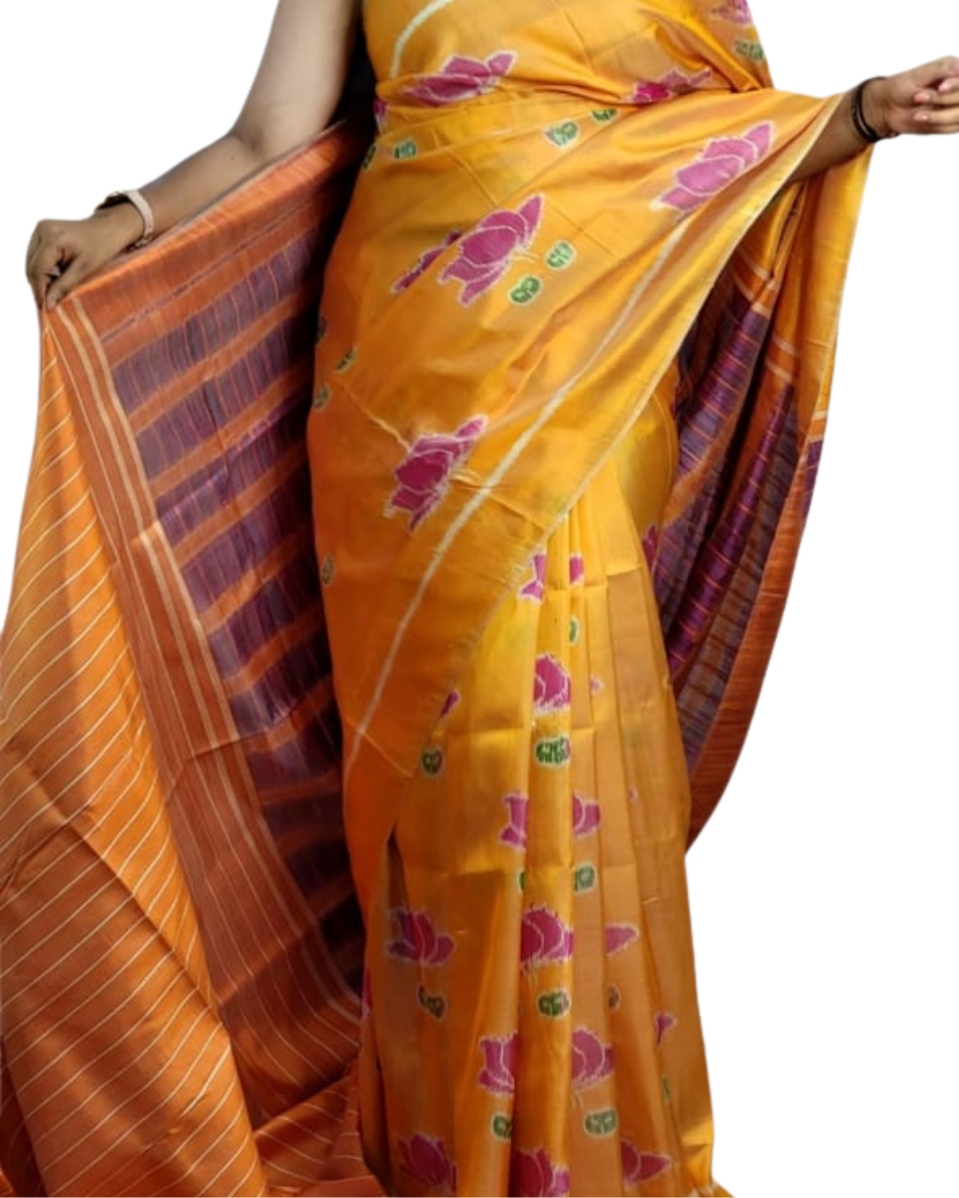 Exclusive Yellow Color Khandua Mulberry Silk Lotus Motif Saree
