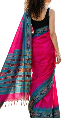 Semi Raw Silk Ikkat Saree with Contrast Temple Border
