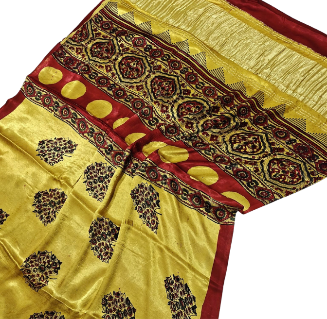 Pure Ajrakh Modal Gajji Silk Saree with Tissue Pallu | Hand Block Printed Natural Colour Saree