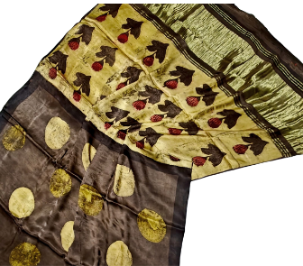 Pure Ajrakh Modal Gajji Silk Saree with Tissue Pallu | Hand Block Printed Natural Colour Saree