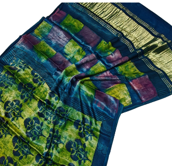 Pure Ajrakh Modal Gajji Silk Saree with Tissue Pallu | Hand Block Printed Natural Colour Saree