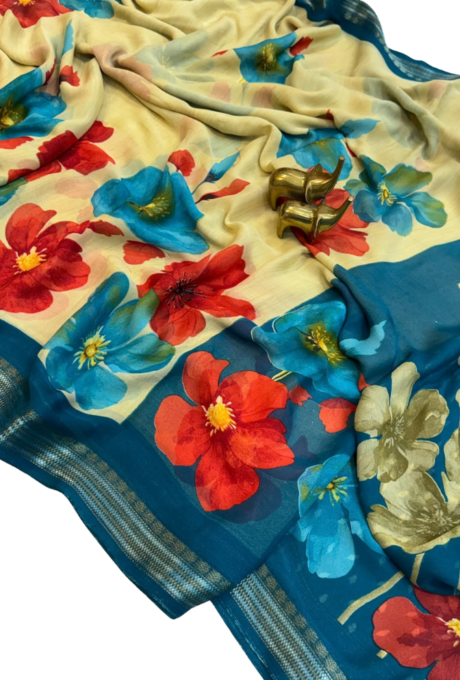 Premium Floral Print Georgette Silk Saree with Jacquard Border | Polka Dot Blouse