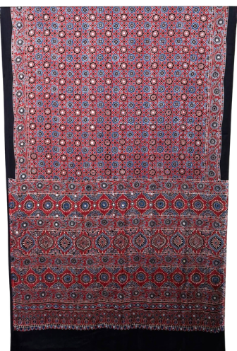 Pure Modal Silk Ajrakh Hand Block Printed Saree with Real Mirror Work