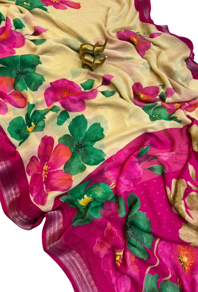 Premium Floral Print Georgette Silk Saree with Jacquard Border | Polka Dot Blouse