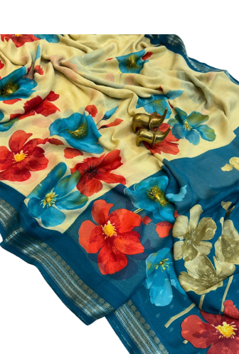 Premium Floral Print Georgette Silk Saree with Jacquard Border | Polka Dot Blouse