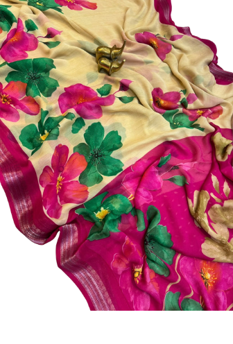 Premium Floral Print Georgette Silk Saree with Jacquard Border | Polka Dot Blouse