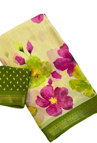 Premium Floral Print Georgette Silk Saree with Jacquard Border | Polka Dot Blouse