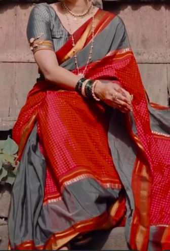 Exclusive Karnataka Ilkal Half & Half Saree in Mercerised Cotton with Thoda Paras Border & Tope Pallu