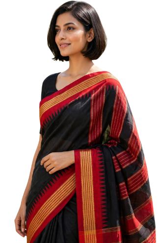 Semi Raw Silk Ikkat Saree with Contrast Temple Border