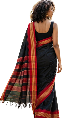 Semi Raw Silk Ikkat Saree with Contrast Temple Border