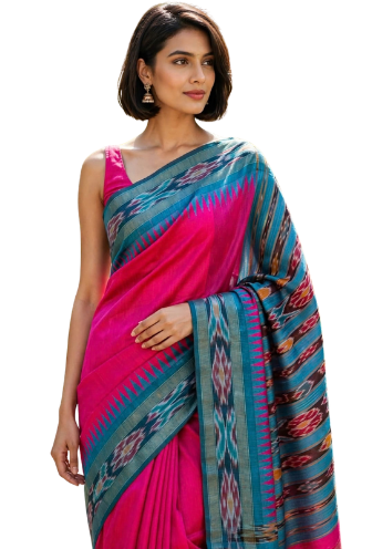 Semi Raw Silk Ikkat Saree with Contrast Temple Border