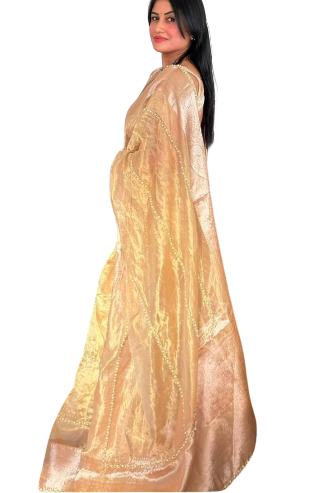 Pure Kora Tissue Banarasi Silk Saree | Golden Pearl Handwork Saree