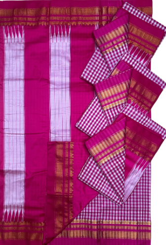 A folded and draped pink and white checkered saree with metallic gold zari borders, displayed on a clean white background.