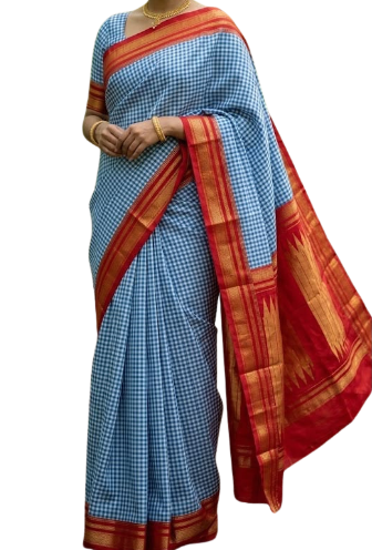 Karnataka Ilkal-Style Temple Border Small Checks Saree with Tope Zari Pallu