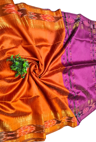 Chhattisgarh Handwoven Semi Raw Silk Saree with Khadi Zari Temple Ikat Design