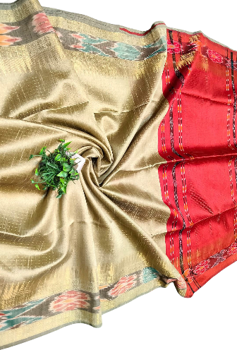 Chhattisgarh Handwoven Semi Raw Silk Saree with Khadi Zari Temple Ikat Design