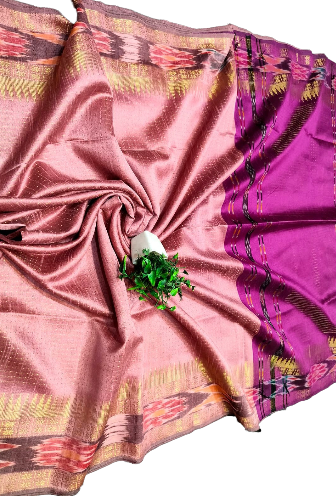 Chhattisgarh Handwoven Semi Raw Silk Saree with Khadi Zari Temple Ikat Design