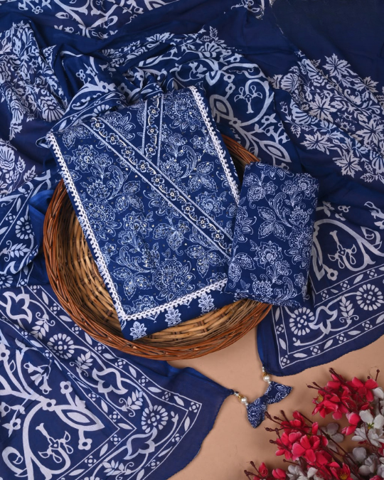 Exclusive Cotton Suit Set with Heavy Zardozi Neckline, Gota Patti Work &amp; Zari Border Dupatta