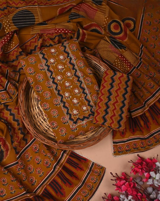 Exclusive Cotton Suit Set with Heavy Zardozi Neckline, Gota Patti Work &amp; Zari Border Dupatta