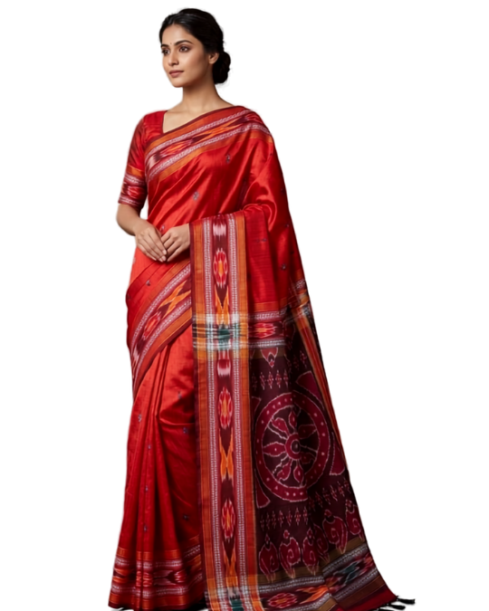 Pure Raw Silk Handloom Ikkat Saree | Vidarbha Temple Border & Contrast Blouse | Chhattisgarh Handloom