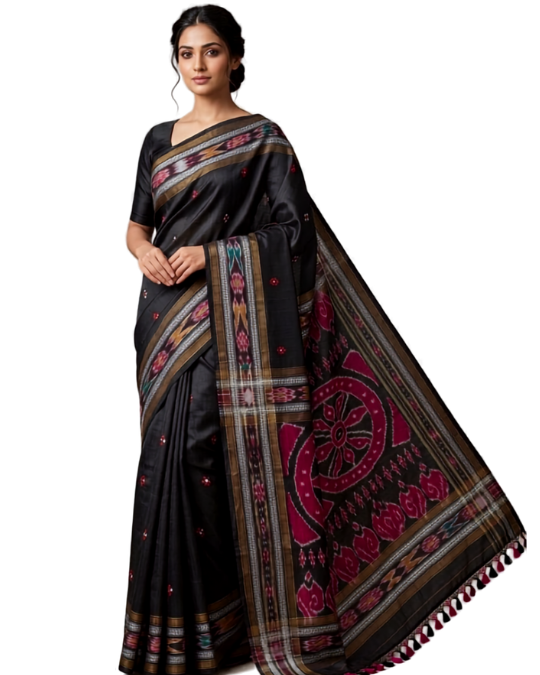 Pure Raw Silk Handloom Ikkat Saree | Vidarbha Temple Border & Contrast Blouse | Chhattisgarh Handloom