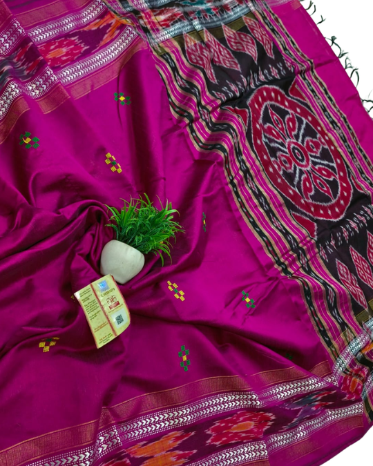 Pure Raw Silk Handloom Ikkat Saree | Vidarbha Temple Border & Contrast Blouse | Chhattisgarh Handloom