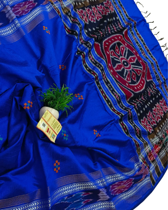 Pure Raw Silk Handloom Ikkat Saree | Vidarbha Temple Border & Contrast Blouse | Chhattisgarh Handloom
