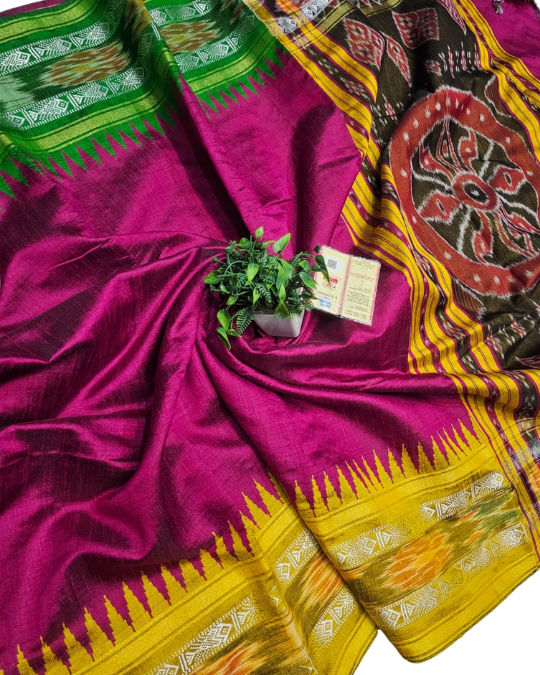 Chhattisgarh Handloom Pure Raw Silk Saree | Vidarbha Temple Border, Ikat Pallu