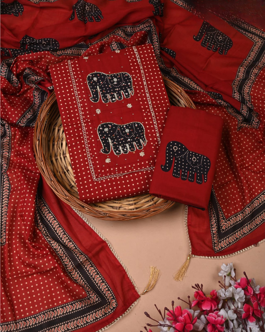 Exclusive Cotton Suit Set with Heavy Zardozi Neckline, Gota Patti Work &amp; Zari Border Dupatta