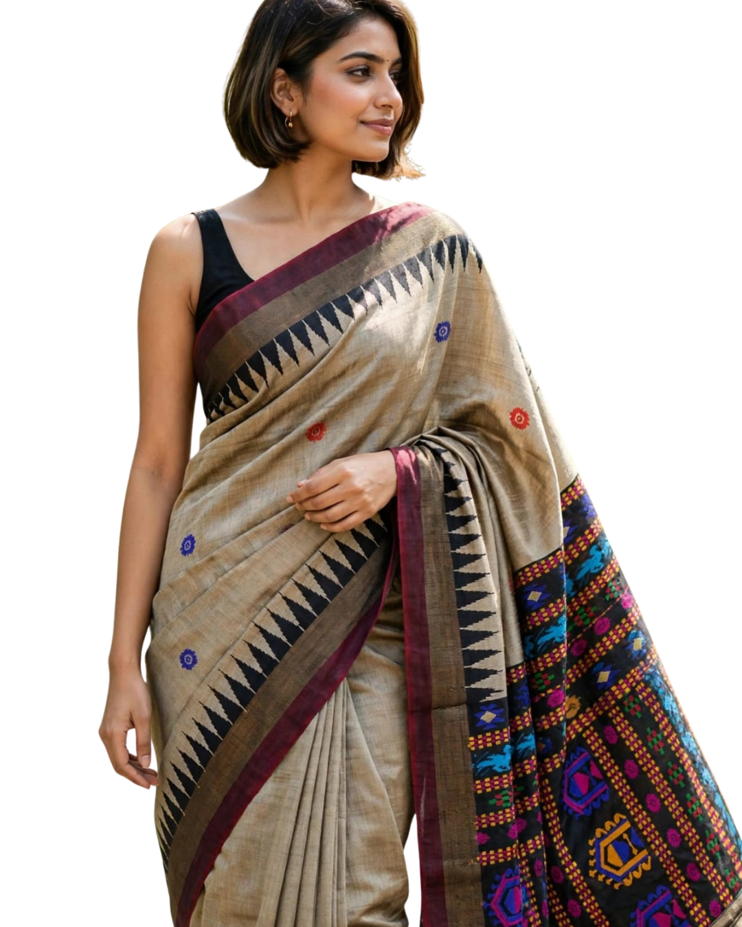A woman modeling a beige cotton saree with black geometric patterns, deep purple borders, and a multicolored patterned pallu, paired with a black sleeveless blouse against a white background.