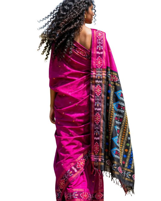 Pure Raw Silk Dolabedi Handloom Saree with All-Over Booti & Temple Border – Chhattisgarh