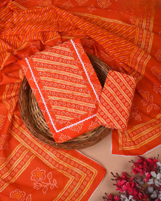 Exclusive Cotton Suit Set with Heavy Zardozi Neckline, Gota Patti Work &amp; Zari Border Dupatta